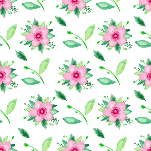 粉红色开花的樱桃玫瑰花的水彩例证样式无缝设置在白色背景 — 图库照片