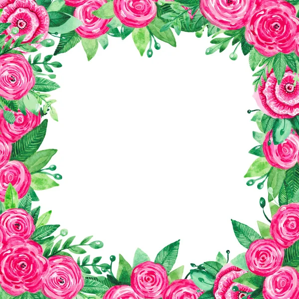 框架明亮的红色粉红色的花绿叶分支在白色水彩画隔离的背景手画与植物花卉集 — 图库照片
