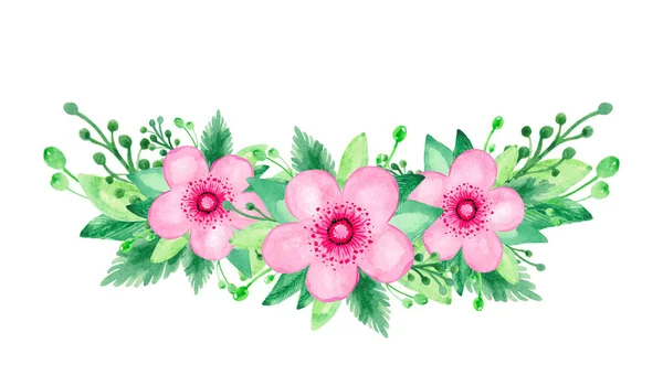 Akvarell illustration av röda blommande körsbärs stammen gröna blad blommig uppsättning på vit bakgrund — Stockfoto