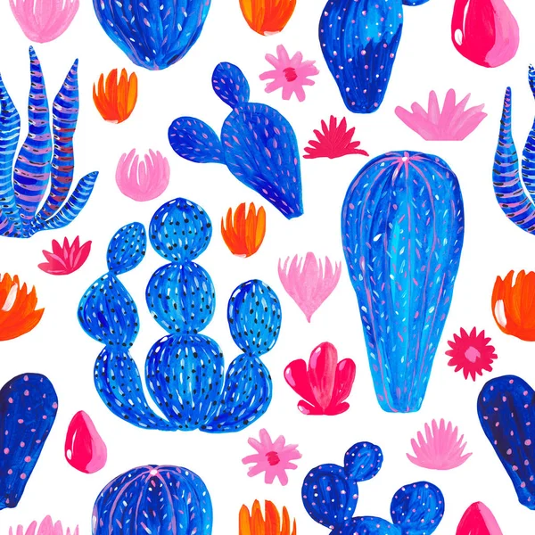 Naadloze patroon met de hand geschilderd set van decoratieve cactus in Fantasy stijl set van bloeiende planten, cactus blauw koraal kleur — Stockfoto