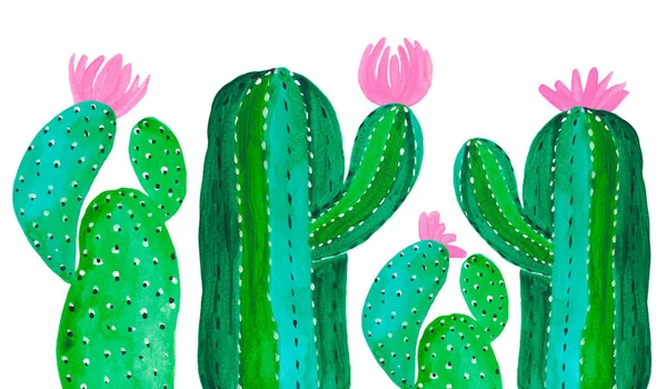 Banner conjunto patrón Pintado a mano conjunto de cactus decorativos en estilo fantasía Conjunto de plantas con flores — Foto de Stock