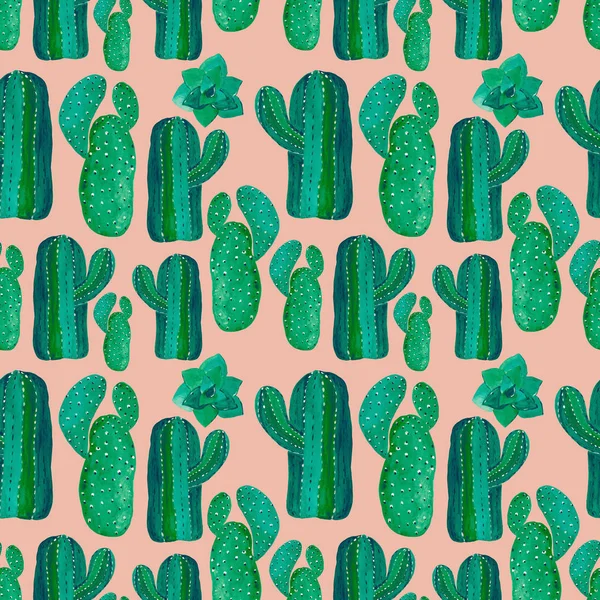 Naadloze patroon met de hand geschilderd set van decoratieve cactus in fantasie stijl set van bloeiende planten — Stockfoto