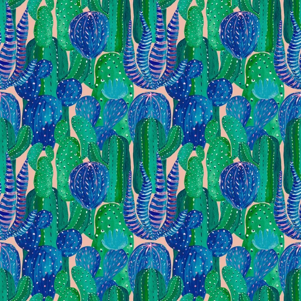 Motif sans couture Ensemble peint à la main de cactus décoratifs dans un style fantastique Ensemble de plantes à fleurs — Photo