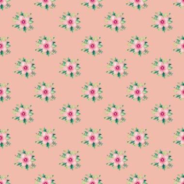 Pembe çiçekli kiraz gül suluboya illüstrasyon desen pürüzsüz beyaz arka planda set çiçek