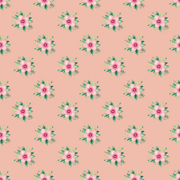 Aquarel illustratie patroon naadloze van roze bloeiende Cherry rose bloemen set op witte achtergrond — Stockfoto