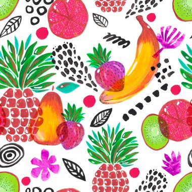 Dikişsiz desen İllüstrasyon el boyalı akrilik guaj Egzotik meyve ananas muz kivi greyfurt çilek armut çiçekleri siyah vuruş beyaz arka plan Tasarım dijital kağıt Duvar Kağıdı kumaş