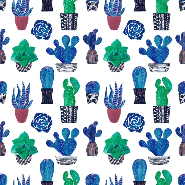 Акварельна ілюстрація декоративного синьо-зеленого кактуса в горщиках безшовний візерунок Ручний пофарбований квітковий дизайн Цифровий папір — стокове фото
