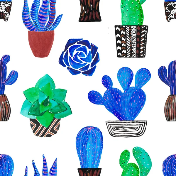 Υδατογραφικά εικονογράφηση των διακοσμητικών μπλε και πράσινων κάκτων σε γλάστρες χωρίς ραφές μοτίβο ζωγραφισμένα στο χέρι floral σχέδιο ψηφιακό χαρτί — Φωτογραφία Αρχείου