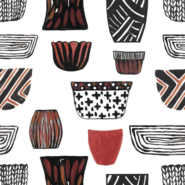 ●セラミック植木鉢シームレスパターン手描きの水彩イラストセット — ストック写真