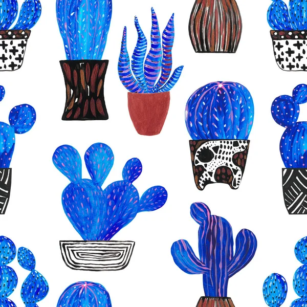 Υδατογραφική απεικόνιση των διακοσμητικών μπλε κάκτων σε γλάστρες χωρίς ραφές μοτίβο ζωγραφισμένα στο χέρι floral σχεδίαση βοτανικών στοιχείων — Φωτογραφία Αρχείου