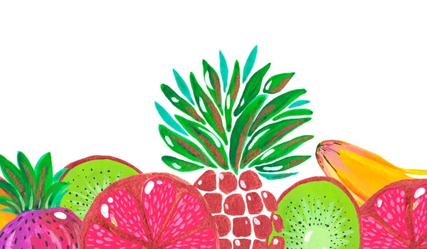Banner Illustration of hand painted acrylic gouache Banner juicy fruit Exotic fruit pineapple banana kiwi strawberry grapefruit on white background.