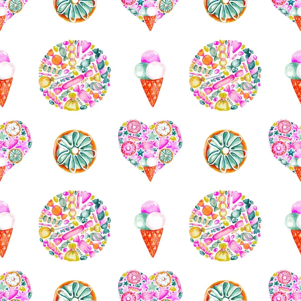 Seamless pattern watercolor hand painted sweet donuts and ice cream cone Print for fabric or scrapbook digital paper