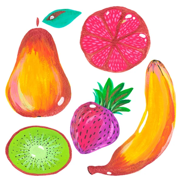 白い背景に手描きアクリルグアッシュのジューシーフルーツエキゾチックフルーツ梨バナナイチゴキウイグレープフルーツのイラスト. — ストック写真