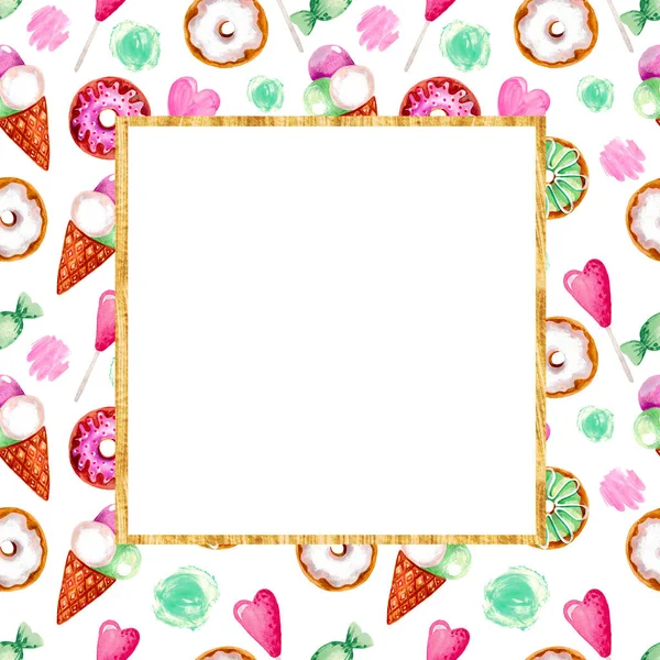 插图手绘丙烯酸葫芦甜甜甜甜甜甜圈冰淇淋心。文本的框架 — 图库照片