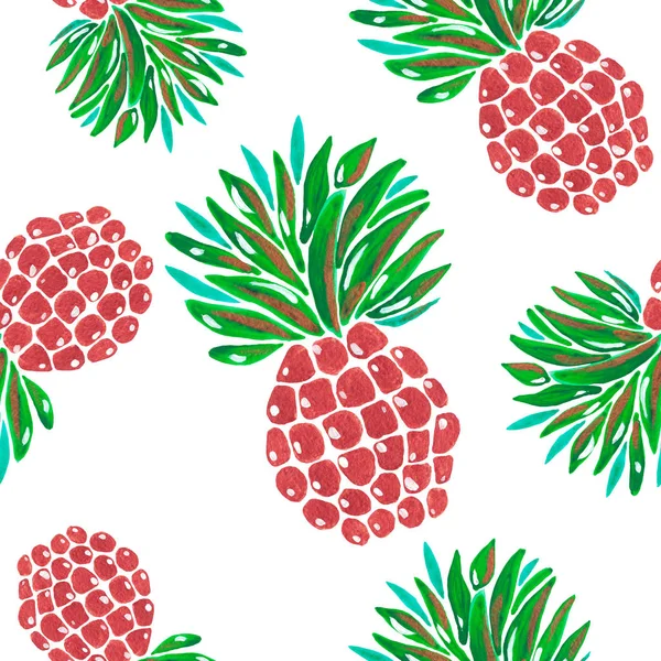 Schema senza soluzione di continuità. Illustrazione di guazzo acrilico dipinto a mano Frutta esotica ananas su sfondo bianco . — Foto Stock