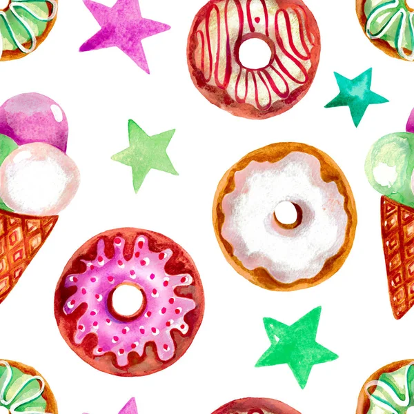 Бесшовный рисунок акварелью вручную окрашенные сладкие пончики и мороженое конус Печать для ткани или альбома — стоковое фото