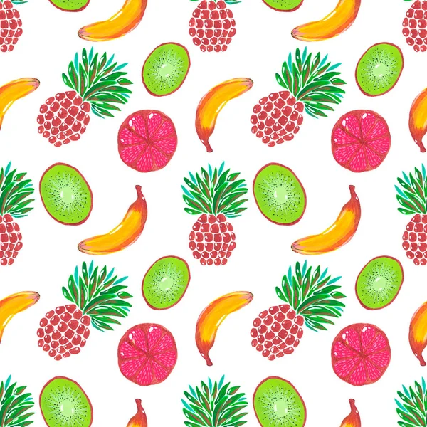 Schema senza soluzione di continuità. Illustrazione di guazzo acrilico dipinto a mano frutta esotica ananas banana kiwi pompelmo su sfondo bianco Design per carta digitale Carta da parati tessuto — Foto Stock