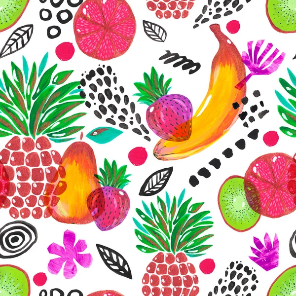 Bezszwowy wzór ilustracja ręcznie malowane gwasz akrylowy egzotyczny owoc ananasa banan kiwi grejpfrut truskawka gruszka kwiaty czarne pociągnięcia na białym tle projektowanie papieru cyfrowego tapeta tkanina — Zdjęcie stockowe