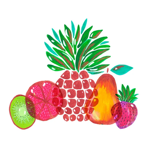 白い背景にエキゾチックなフルーツパイナップルキウイグレープフルーツイチゴ梨の手描きアクリルグアッシュセットのイラスト. — ストック写真