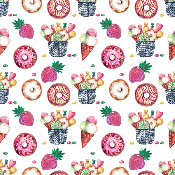 Bezproblémový vzor. Ilustrace malovaná akvarel Akrylová barva zákusek dezert slunečníku jahodový design pro digitální papír Tapeta — Stock fotografie