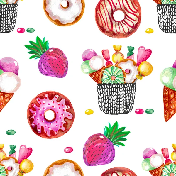 Χωρίς ραφές. Εικόνα ζωγραφισμένα στο χέρι υδατογραφήματαακρυλικό γουβάς επιδόρπιο ντόνατς παγωτό γλυκά Φράουλα Σχεδιασμός για ψηφιακό χαρτί ταπετσαρία ύφασμα — Φωτογραφία Αρχείου