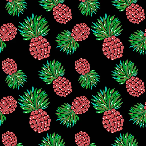 Schema senza soluzione di continuità. Illustrazione di guazzo acrilico dipinto a mano Frutta esotica ananas su sfondo nero . — Foto Stock