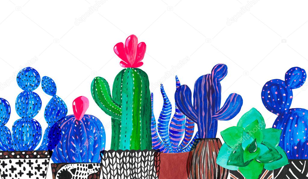 Banner Watercolor illustration of decorative blue and green cacti in pots Hand painted floral design. Botanical elements