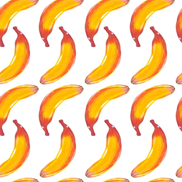白い背景にイラスト手描きアクリルグアッシュシームレスパターンエキゾチックなバナナフルーツ. — ストック写真