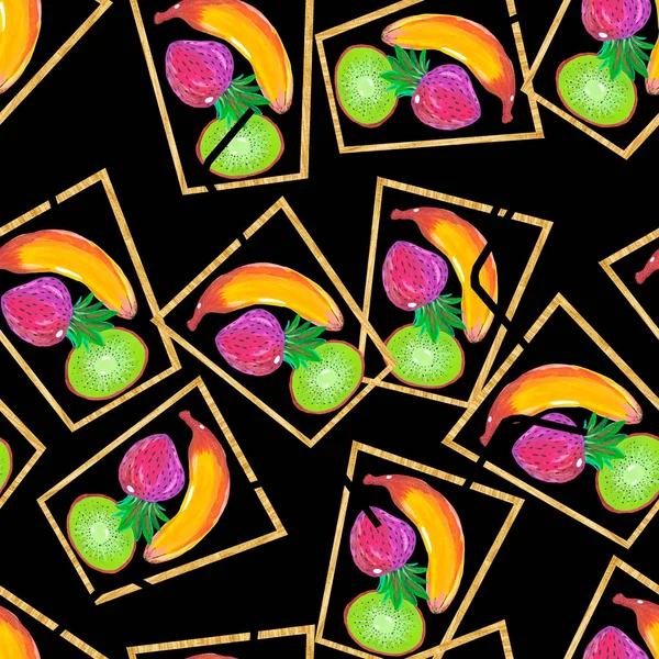 シームレスパターン 手描きアクリルグアッシュグラスのフルーツカクテルストロベリーバナナキウイ — ストック写真