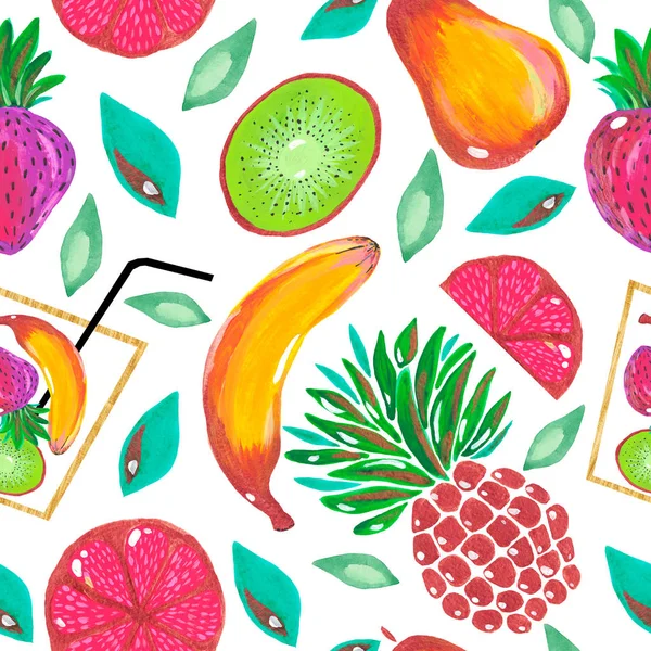 Schema senza soluzione di continuità. Illustrazione di guazzo acrilico dipinto a mano frutta esotica ananas banana kiwi pompelmo foglie tropicali su sfondo bianco . — Foto Stock