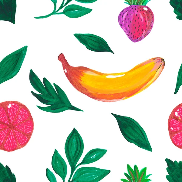 Ilustración Gouache acrílico pintado a mano Patrón sin costuras Ramas de pomelo de fresa de plátano exóticas hojas verdes sobre fondo blanco . —  Fotos de Stock