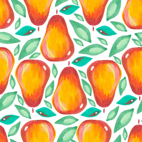 Ilustracja ręcznie malowany akrylowy gwasz bezszwowy wzór egzotyczne owoce gruszka liść na białym tle. — Zdjęcie stockowe