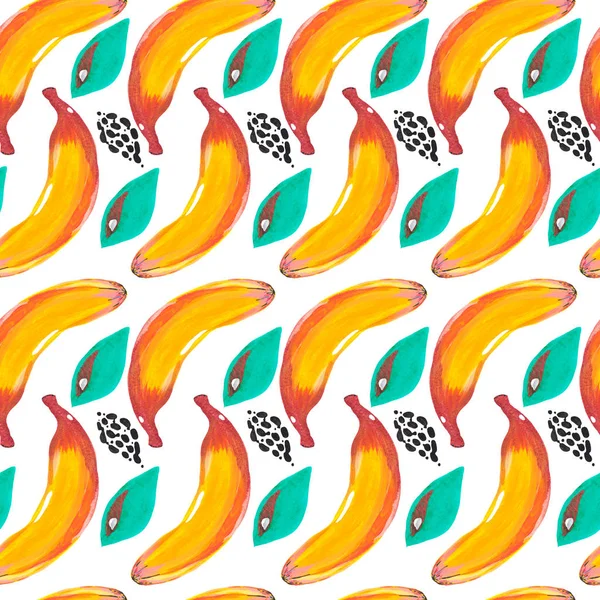 白い背景にイラスト手描きアクリルグアッシュシームレスパターンエキゾチックフルーツバナナミントリーフ. — ストック写真