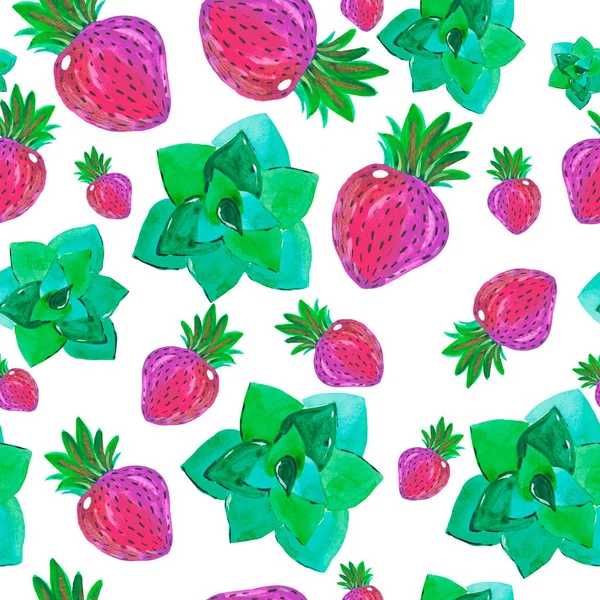 Illustrazione guazzo acrilico dipinto a mano Modello senza cuciture Fragola esotica succulenta su sfondo bianco — Foto Stock