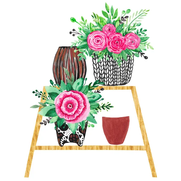 Panelas de cerâmica com flores em flor e vegetação Ilustração de aquarela pintada à mão — Fotografia de Stock