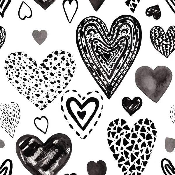 Conjunto de ilustraciones corazones pintados a mano en estilo gráfico Objetos para decoración San Valentín Patrón sin costuras — Foto de Stock