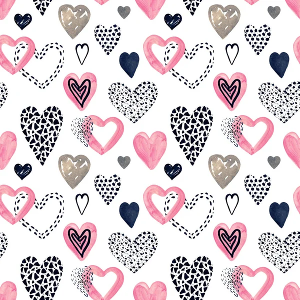 Zestaw ilustracji ręcznie malowane serca w stylu graficznym obiekty do dekoracji Walentynki bez szwu wzór — Zdjęcie stockowe