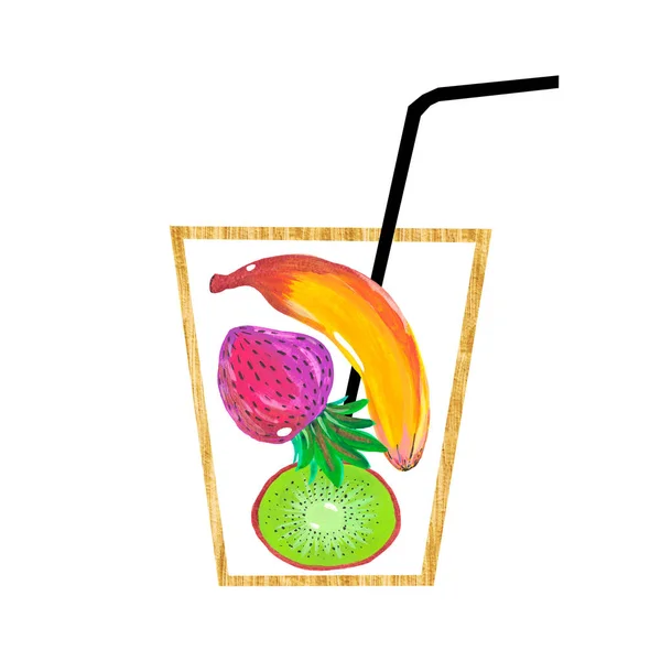 Illustration of hand painted acrylic gouache Glass of fruit cocktail strawberry banana kiwi — Stock Photo, Image