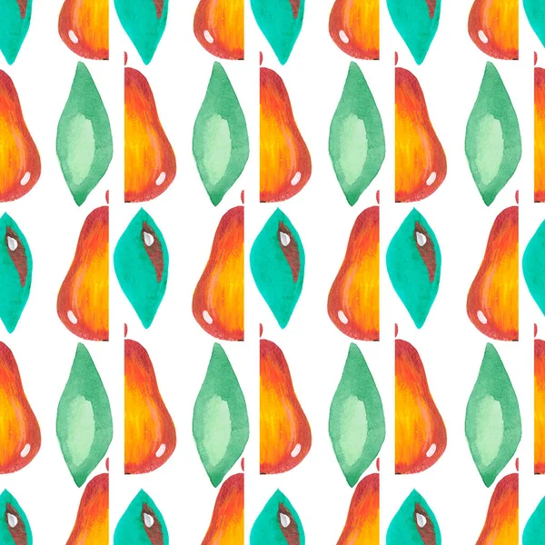 白い背景にイラスト手描きアクリルグアッシュシームレスパターンエキゾチックフルーツ梨の葉. — ストック写真