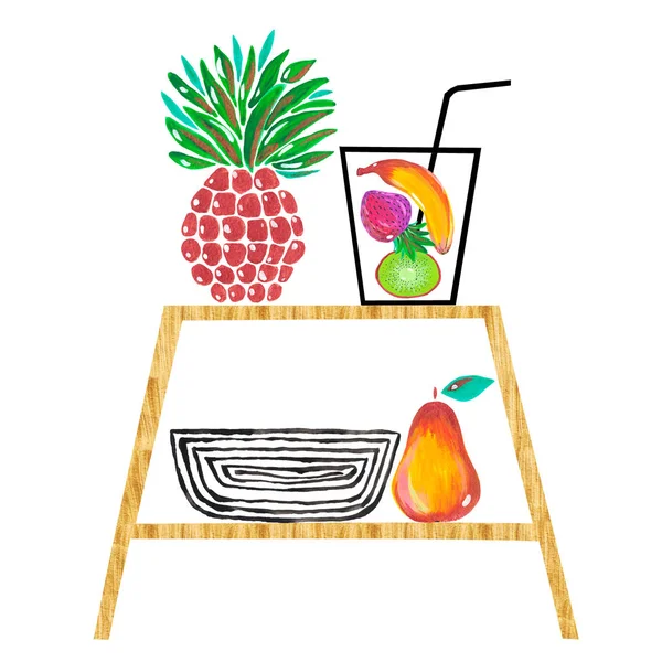 Etagère avec panier de cocktail de fruits sur fond blanc Illustration peinte à la main — Photo