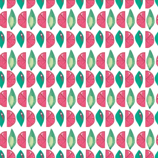 Ilustracja ręcznie malowany akrylowy gwasz bezszwowy wzór egzotyczny owoc grejpfrutowy liść na białym tle. — Zdjęcie stockowe