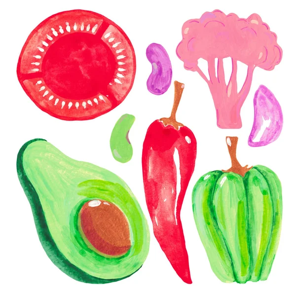 白い背景にカリフラワーの野菜アボカドペッパートマト豆のセット 水彩イラスト — ストック写真
