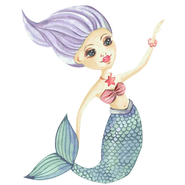 Watercolor cute little mermaid clipart. Hand painted illustration of the underwater cartoon character background white