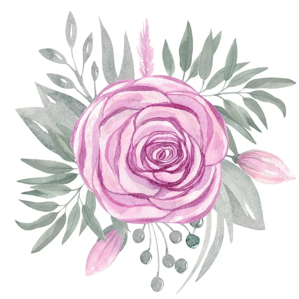 Disposizione botanica di una rosa fiorente su uno sfondo bianco Composizione floreale bouquet fiori foglie rami di eucalipto — Foto Stock
