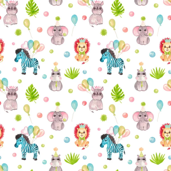 Modello senza cuciture Illustrazione ad acquerello di un bambino carino Zebra elefante rinoceronte leone cucciolo Ippopotamo, foglie tropicali Safari animale festivo per biglietti d'invito baby shower nursery wall art — Foto Stock