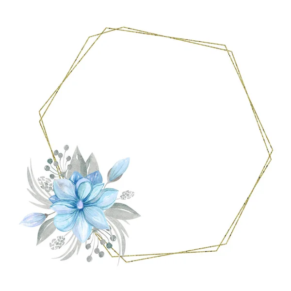 Geometrischer Goldrahmen mit Blumenarrangements Blauer Magnolienstrauß mit Blättern und Zweigen isoliert auf weißem Hintergrund — Stockfoto