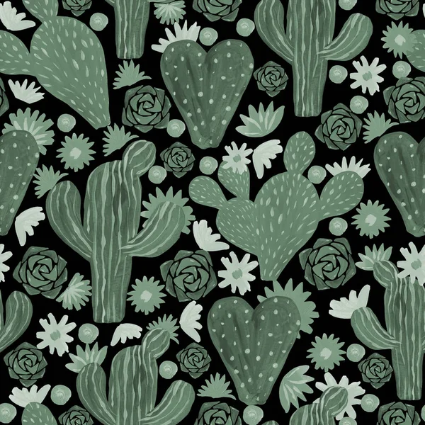 シームレスなパターン黒の背景に手描きのイラストが描かれています エキゾチックな砂漠の植物 家の装飾のための室内植物 — ストック写真