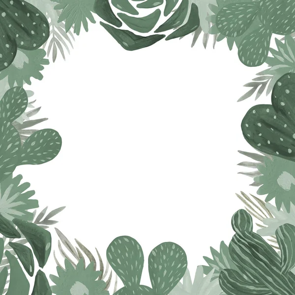 Πλαίσιο Cactuses ζωγραφισμένα στο χέρι εικόνα σε λευκό φόντο Εξωτικό φυτό της ερήμου. Εσωτερικό φυτό για διακόσμηση σπιτιού — Φωτογραφία Αρχείου