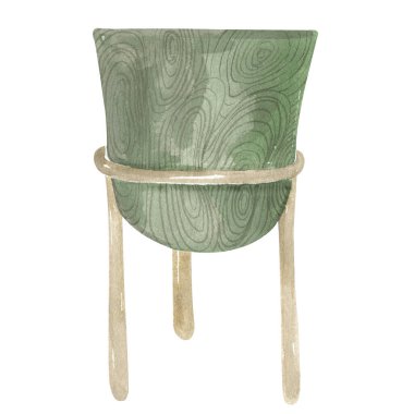 Beyaz arka plandaki kapalı alan bitkileri için bacaklı bir tencerenin suluboya çizimi. Boho ahşap desenli modern nesne