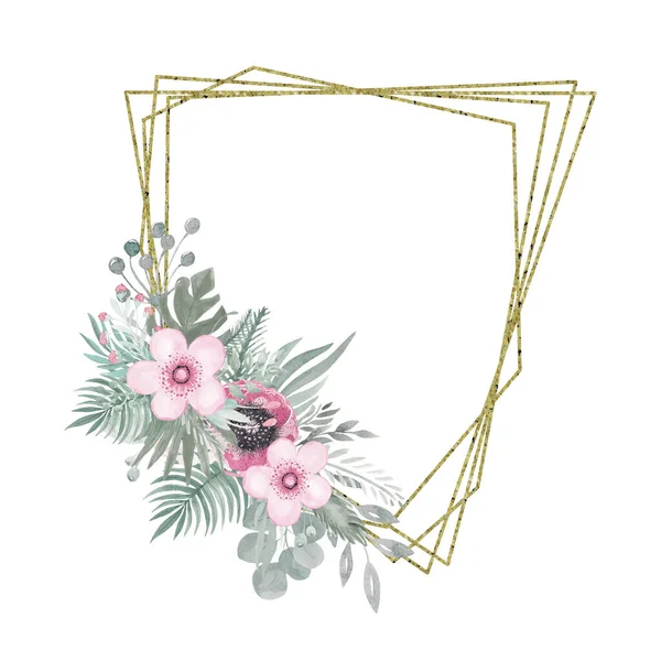 花の枝や蝶形の熱帯の葉の花序を持つ幾何学的な金のフレーム 白い背景に結婚式植物花束 — ストック写真